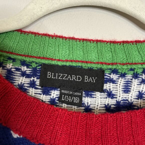 Blizzard Bay Ugly Christmas Sweater Women's Large 14-16 Blue Red Santa T-Rex - Picture 3 of 4